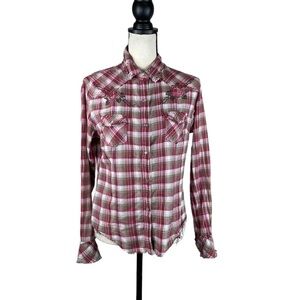 Panhandle Slim Women’s Size L Western Pearl Snap Shirt Plaid Embellished Rodeo